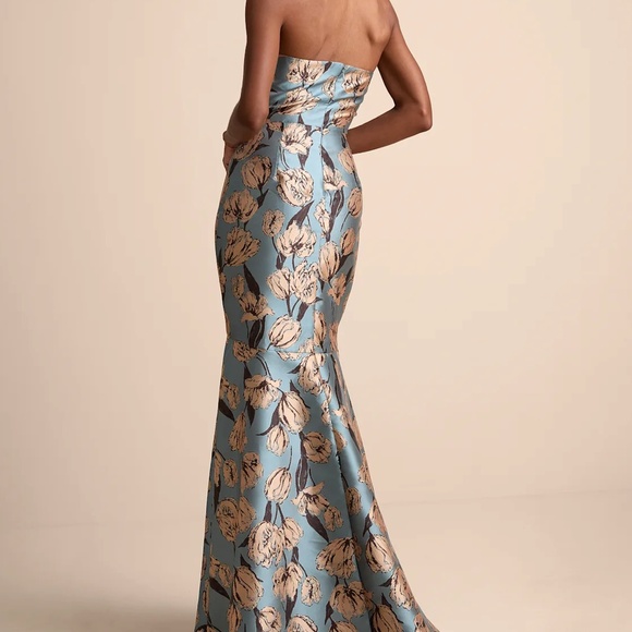 Lulus Gowning Around Slate Blue Floral Jacquard Strapless Maxi Dress - Size XL - Picture 3 of 3